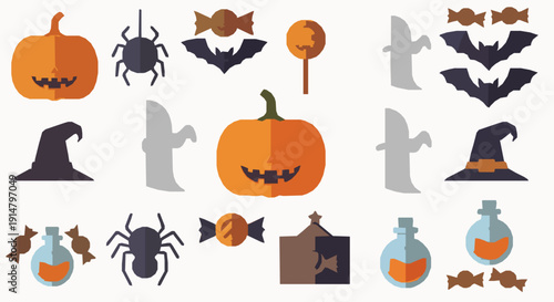 Modern flat Halloween vector icon and pattern collection for seasonal design