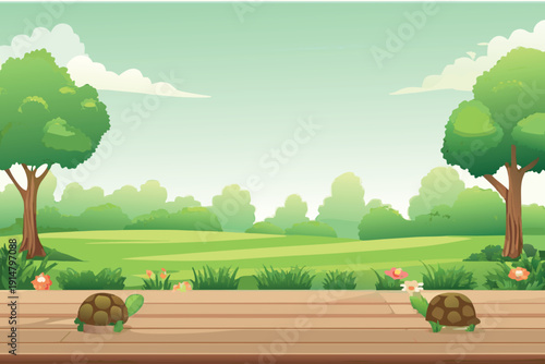 A serene landscape features two turtles resting on a wooden platform high quality