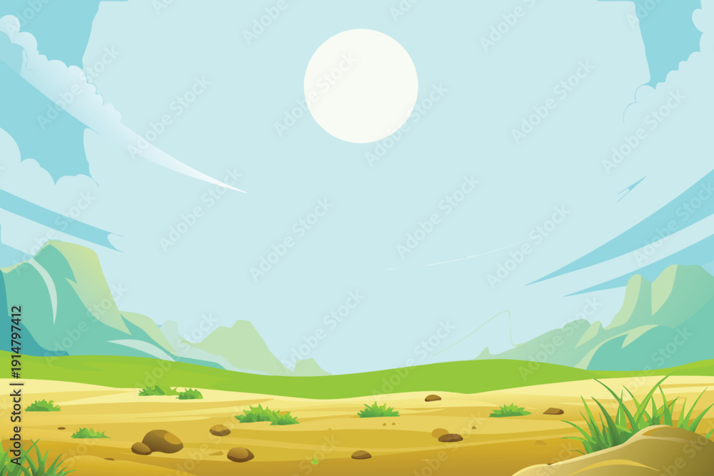 Obraz premium A vibrant cartoon landscape features green hills a sandy foreground and a
