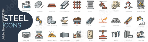 Collection of steel industry icons featuring various industrial elements and machinery in a modern, simplified illustration style