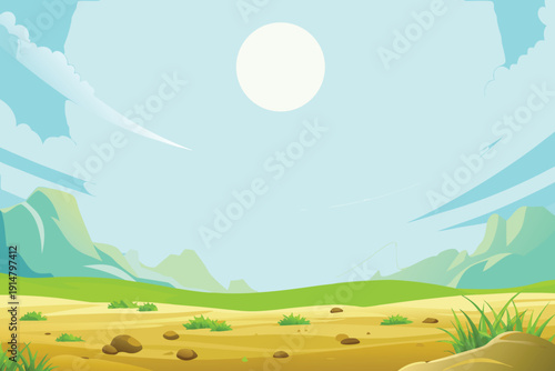 A vibrant cartoon landscape features green hills a sandy foreground and a