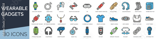 Collection of wearable technology icons representing various gadgets and devices in a modern digital illustration