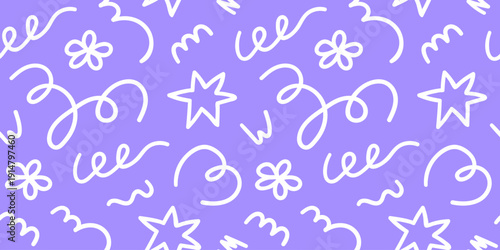 Seamless pattern of cute kids doodle elements. Hand drawn fun childish print. Purple and white colors. Vector line illustration