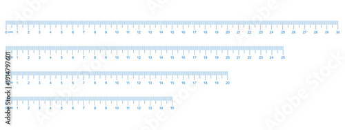 Set of measuring chart with 20cm, 25cm and 30 centimeters. Collection of ruler scale 200mm, 250mm and 300mm with numbers. Templates of ruler scale. Length measurement height
