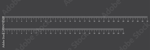 Set of measuring chart with 25cm and 30 centimeters. Collection of ruler scale 250mm and 300mm with numbers. Length measurement math, distance, Sewing tool. Templates of ruler scale