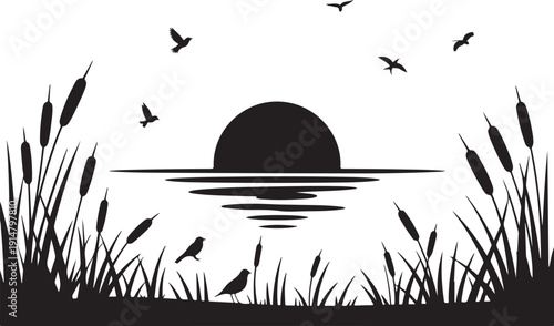 Black and white silhouette of sunset over water with birds and reeds