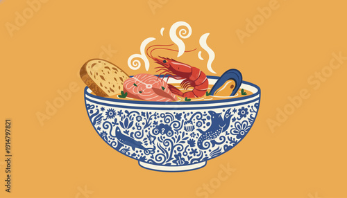 Decorative Folk Art Seafood Stew Illustration. Steaming Prawn, Salmon, and Mussel in a Traditional Blue and White Patterned Bowl on Orange.