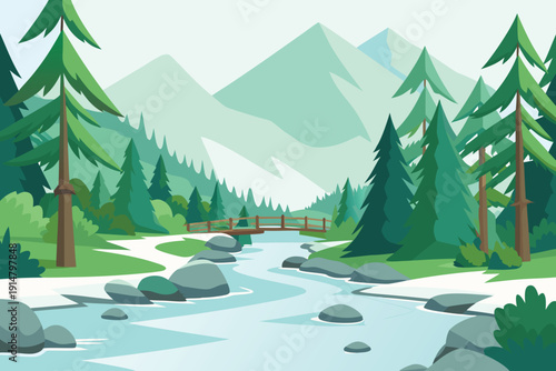 A serene landscape depicts a winding river through a lush forested mountain