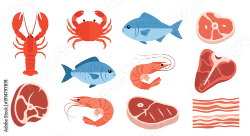 Seafood and red meat illustrations in a colorful flat design