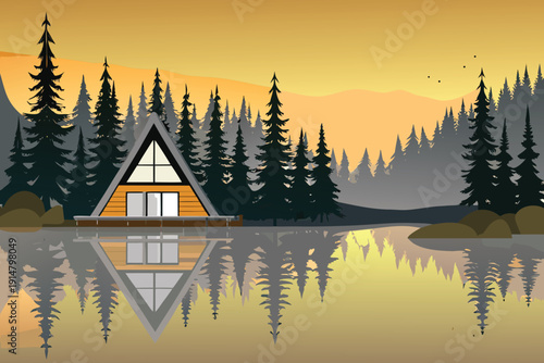 A quaint a frame cabin sits peacefully reflected on a tranquil lake