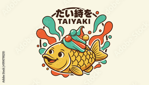 Kawaii Taiyaki Fish Cake Character Logo with Whipped Cream Topping and Retro Abstract Design. Japanese Street Food Dessert Emblem Vector.