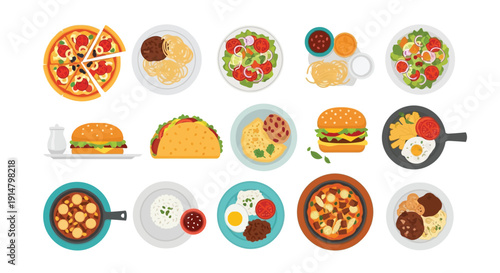Variety of colorful and delicious food items displayed in flat lay style
