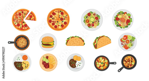 Assorted fast food and healthy meal icons displayed in a grid pattern