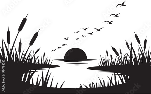 Black and white silhouette of sunset over water with birds flying and reeds