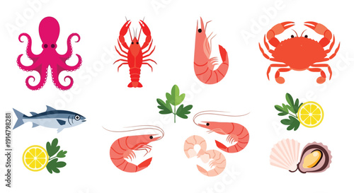 Colorful illustration depicting various seafood and accompanying garnishes