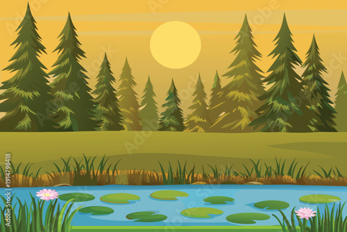 A serene landscape features a golden sun setting over evergreen trees and