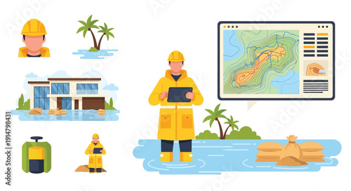 Disaster preparedness and coastal risk management illustrated with vector graphics