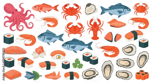 Colorful assortment of seafood sushi and shellfish illustrations on white