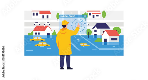 A person interacts with a holographic projection displaying a flooded city landscape