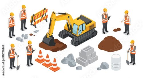 Construction site illustration featuring workers machinery and various building materials