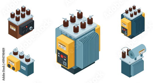 Isometric electrical transformers in various designs and color schemes