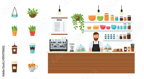 A colorful illustration of a coffee shop counter and various beverage items