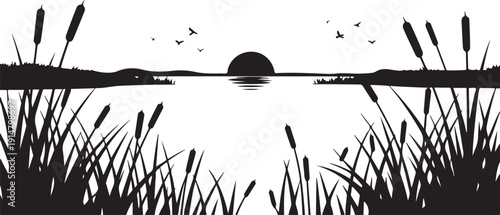 Black and white silhouette of sunset over water with reeds and flying birds