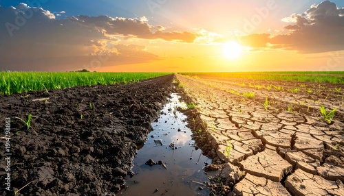 Dry cracked land transforming into fertile soil with water, symbolizing climate change and renewal