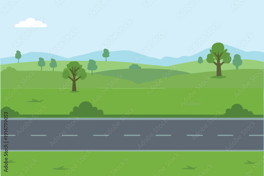 Fototapeta premium A serene landscape features rolling green hills trees and a gray road