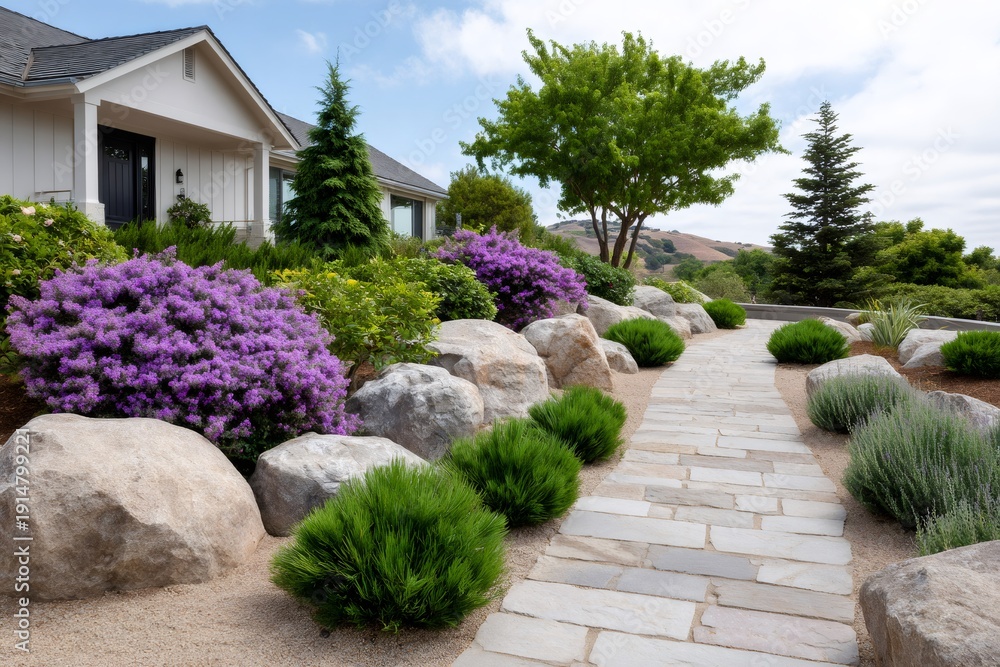 Obraz premium Home garden landscaping with stone path and flowering shrubs