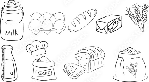 Baking ingredients icons set doodles featuring wheat, butter, bread, eggs, milk, sugar in simple outline shapes , hand drawn food and bakery elements for a bakery theme, Vector illustrations,