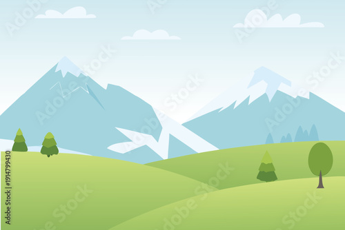 A peaceful landscape illustration featuring rolling green hills and snow capped mountains