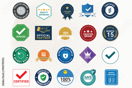 Various colorful badges and labels symbolizing trust, quality, and guarantee for businesses