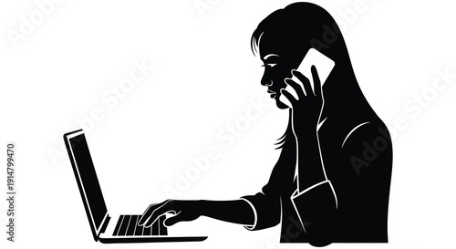 A digital professional woman is working on a laptop while talking on the phone a striking silhouette on transparent background
