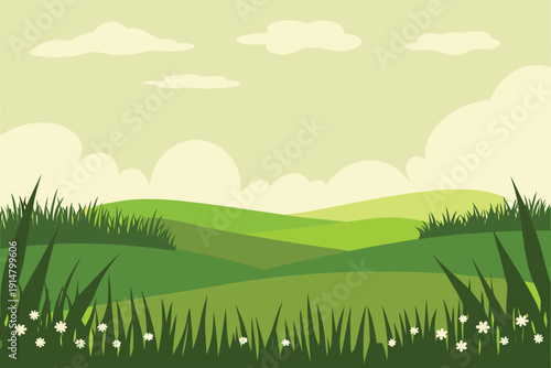 A peaceful stylized landscape depicts rolling green hills under a pale sky