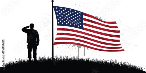 American Soldier Saluting USA Flag Illustration for Memorial Day, Veterans Day, Patriotic Tribute, Military Honor, and National Pride Design