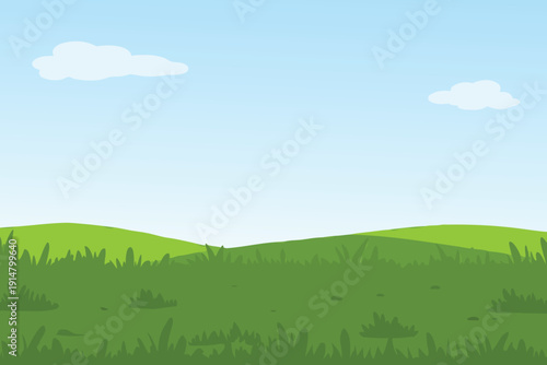 A simple cartoon illustration depicts a bright blue sky and green landscape