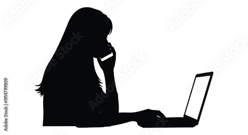 A black silhouette of a woman using a laptop with long hair and a thoughtful pose on transparent background high quality