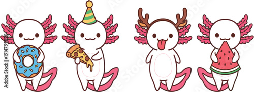Cute Axolotl Cartoon Character Set with Donut, Pizza, Watermelon, and Party Theme for Kawaii Sticker, Kids, and Mascot Design Projects