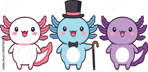 Cute Axolotl Character Collection with Kawaii Salamander in Different Colors Wearing Hat and Accessories for Sticker and Mascot Design