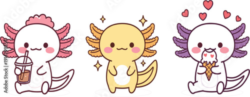 Cute Axolotl Character Set with Kawaii Salamander Drinking Coffee and Eating Ice Cream for Sticker, Kids, and Mascot Design Projects