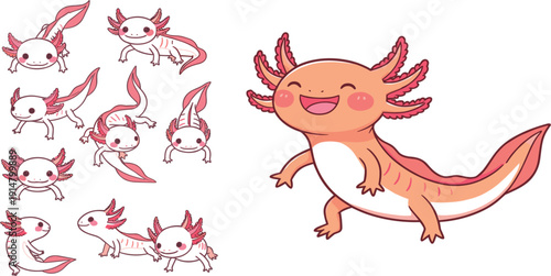 Cute Axolotl Character Set with Smiling Kawaii Salamander Poses for Kids Illustration, Sticker, Mascot, and Cartoon Animal Design Projects