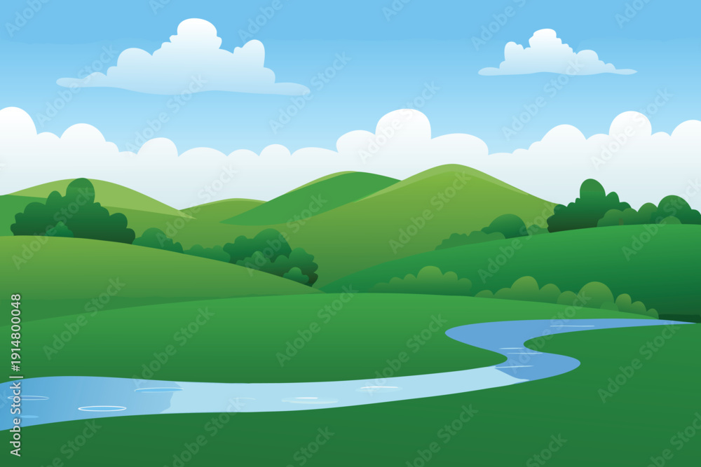 Fototapeta premium A vibrant cartoon landscape depicts rolling green hills a winding river and