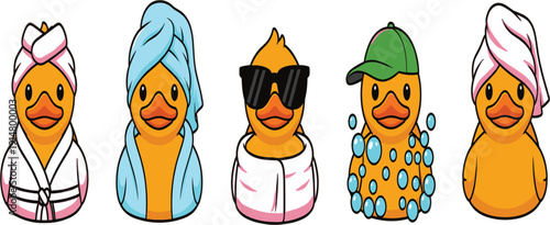 Cute Duck Cartoon Character Set with Bath, Towel, Sunglasses, and Shower Theme for Kawaii Sticker and Kids Mascot Design Projects