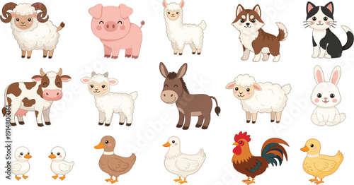 Cute Farm Animals Illustration Set with Cow, Sheep, Pig, Goat, Dog, Cat, Duck, Chicken, and Rabbit for Kids and Agriculture Design