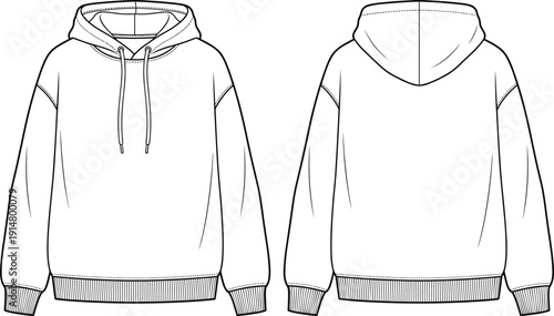Hoodie technical drawing front back view, sweatshirt apparel flat sketch, fashion CAD template, streetwear clothing design outline illustration