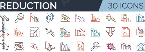 Collection of icons representing reduction in business and finance from various viewpoints