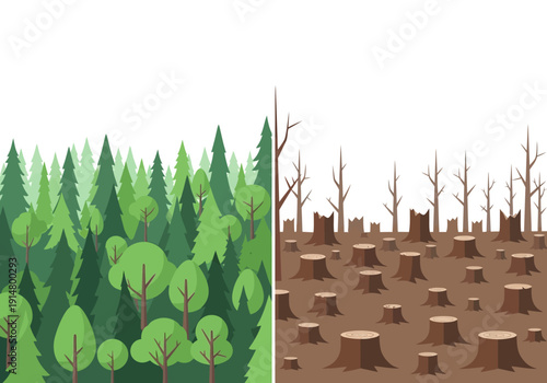 Vibrant forest versus a desolate landscape of tree stumps, illustrating the severe environmental impact of deforestation