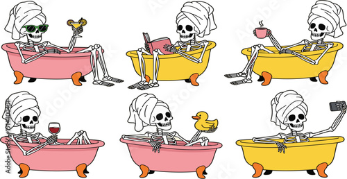 Funny Skeleton Bath Cartoon Set with Relaxing Skull Characters in Bathtub Drinking Coffee and Wine for Halloween Sticker and Humor Design