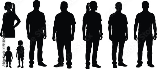 Human growth silhouette set, people height comparison from child to adult, male female standing figures, population scale concept illustration